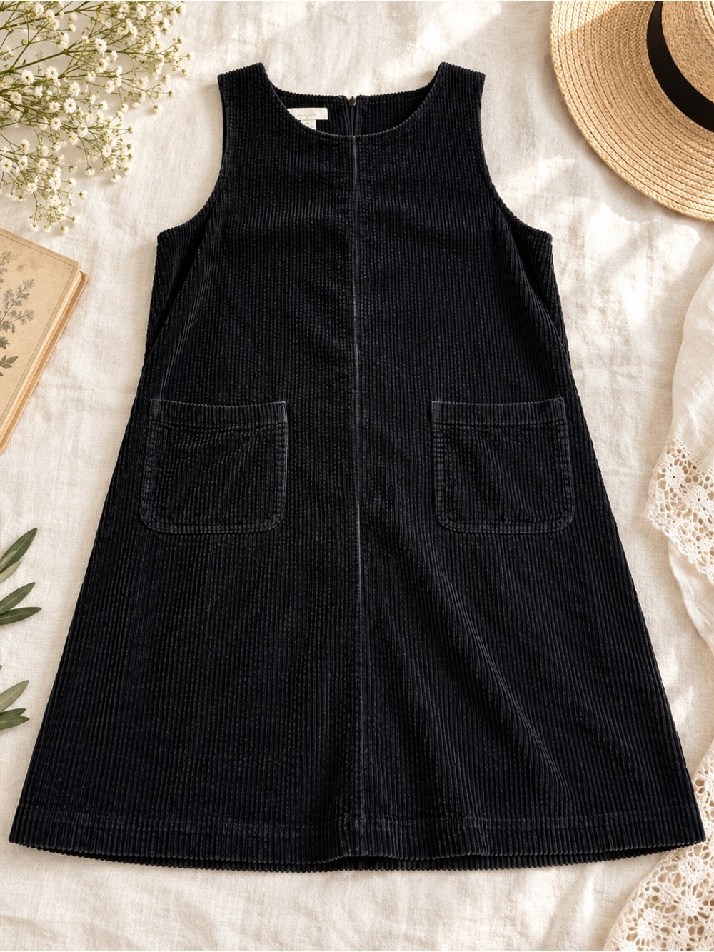 Vintage Talbots Black Corduroy Jumper Dress Size 12 Pinafore Pocket A-Line 90s